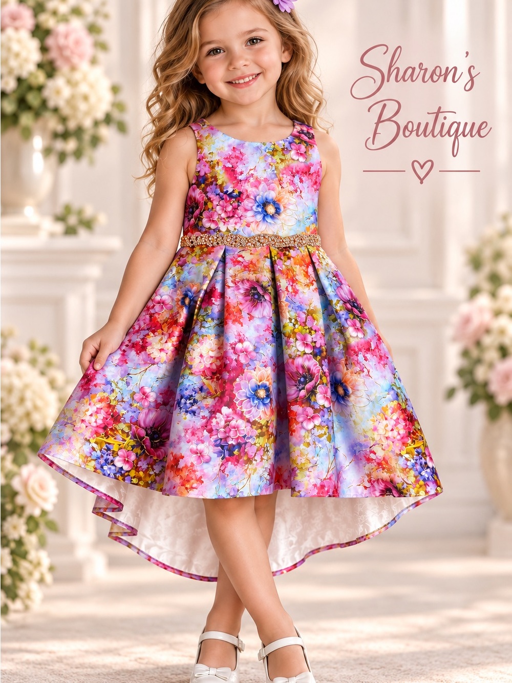 Rare Editions Girls 4T Watercolor Floral Jeweled High Low Party Dress